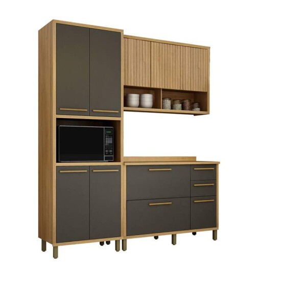 Cozinha Torino 3 Pe�as Paneleiro + Balc�o + A�reo Cinamomo/Grafite - Valdemoveis