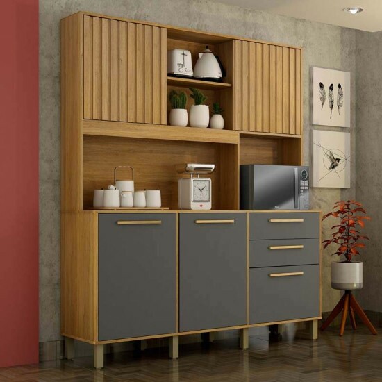 Arm�rio Cozinha Diamante 5 Portas 2 Gavetas Larg. 1.63m Cinamomo/Grafite - Valdemoveis