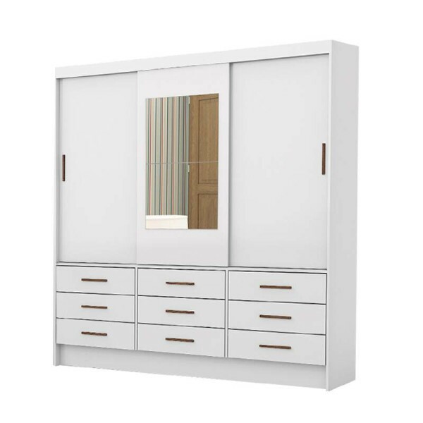 Roupeiro Solteiro Sevilha Branco 3 Portas C/ 1 Espelho 9 Gavetas Larg. 1.62m - Carioca