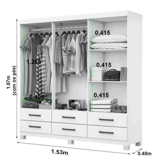 Guarda-Roupa Solteiro Dallas Larg. 1.53m 6 Portas 6 Gavetas Cinamomo/Branco Com P�s Carioca