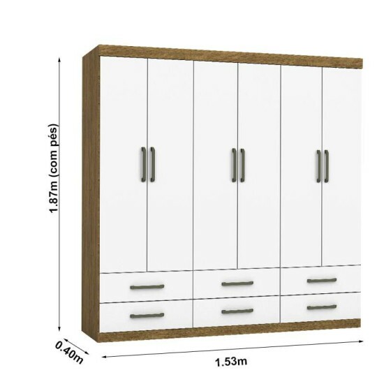 Guarda-Roupa Solteiro Dallas Larg. 1.53m 6 Portas 6 Gavetas Cinamomo/Branco Com P�s Carioca