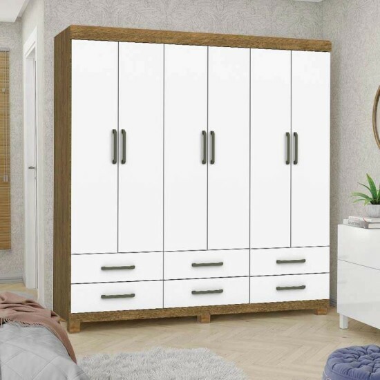Guarda-Roupa Solteiro Dallas Larg. 1.53m 6 Portas 6 Gavetas Cinamomo/Branco Com P�s Carioca