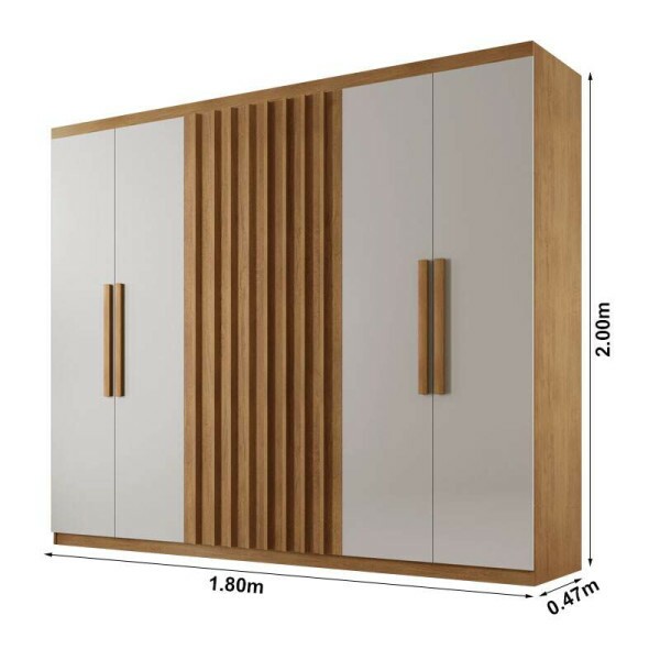 Guarda-Roupa Casal Cairo Ripado 6 Portas MDF Larg. 1.80m Nature/Off Rufato