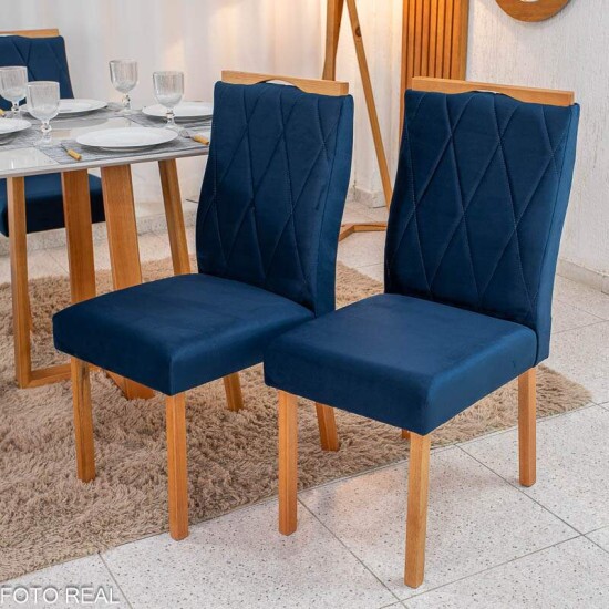 2 Cadeiras Lisboa Veludo Azul 503 Madeira Art Assento - Entregue Montada