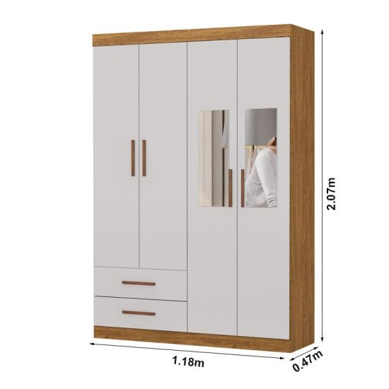 Guarda-roupa Solteiro 1,18m Hercules Cinamomo/Off 4 Portas 2 Gavetas com Espelho e P�s - Carioca