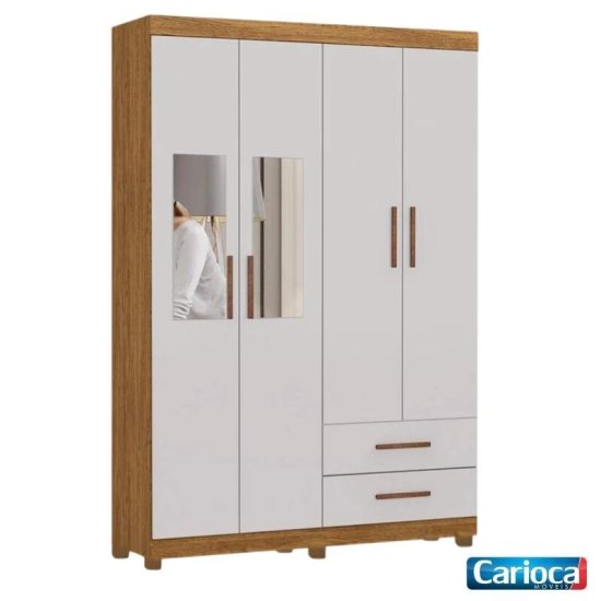 Guarda-roupa Solteiro 1,18m Hercules Cinamomo/Off 4 Portas 2 Gavetas com Espelho e P�s - Carioca