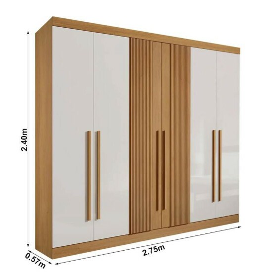 Roupeiro Casal Da Vinci Plus Cinamomo/Off 6 Portas 6 Gavetas 100% MDF Detalhe Ripado Larg. 2.75m - D doro