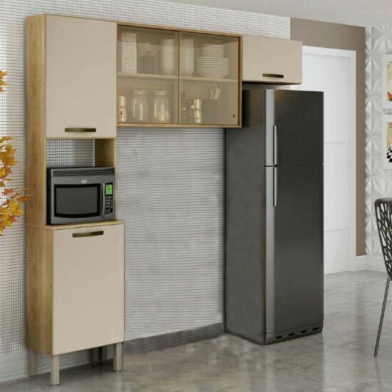Cozinha Val�ncia 3 Pe�as Torre quente + A�reo Reflecta 1.20 + Arm�rio geladeira Carvalho/Off White - Sall�to