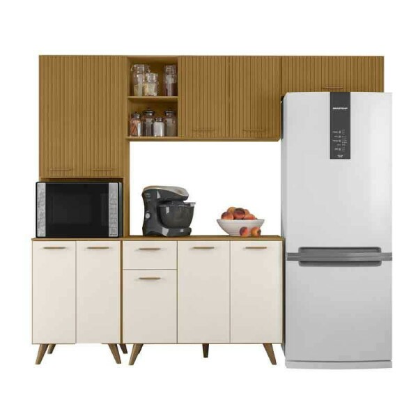 Armrio Cozinha Olinda Freij/Off Paneleiro + Areo 1.05m + Balco e Areo de Geladeira Ripado 3D Larg. 2.33m - Poliman