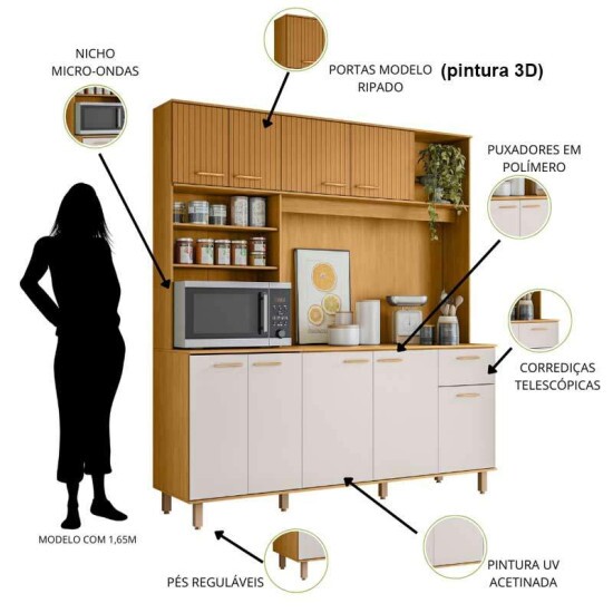 Kit Cozinha N�ria Ripado 3D 9 Portas 1 Gaveta Larg. 1.80m Freij�/Off Poliman