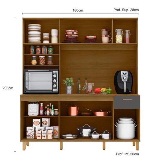 Kit Cozinha N�ria Ripado 3D 9 Portas 1 Gaveta Larg. 1.80m Freij�/Grafite Poliman