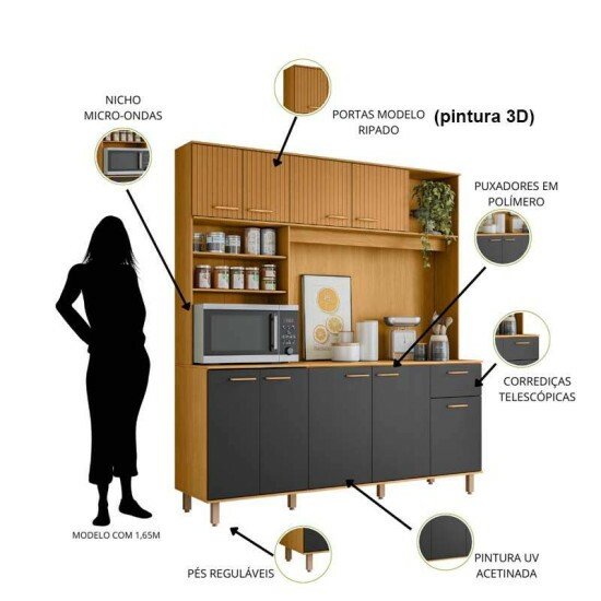 Kit Cozinha N�ria Ripado 3D 9 Portas 1 Gaveta Larg. 1.80m Freij�/Grafite Poliman