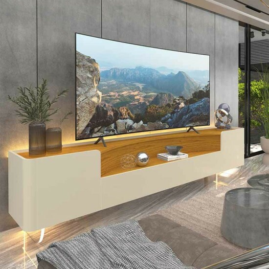 Rack Infinity Off/Naturale C/ P�s de Vidro 100% MDF TV at� 85 polegadas Larg. 2.30m - Gelius