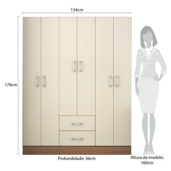 Guarda-Roupa Solteiro Jamaica 6 Portas Larg. 1.34m Cinamomo/Off White Fellicci