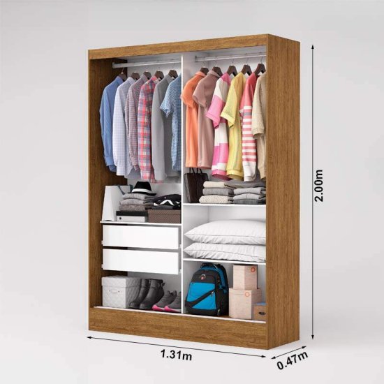 Guarda-roupa Solteiro 1,31m Santiago Plus Cinamomo/Off 2 Portas 2 Gavetas com Espelho - Carioca