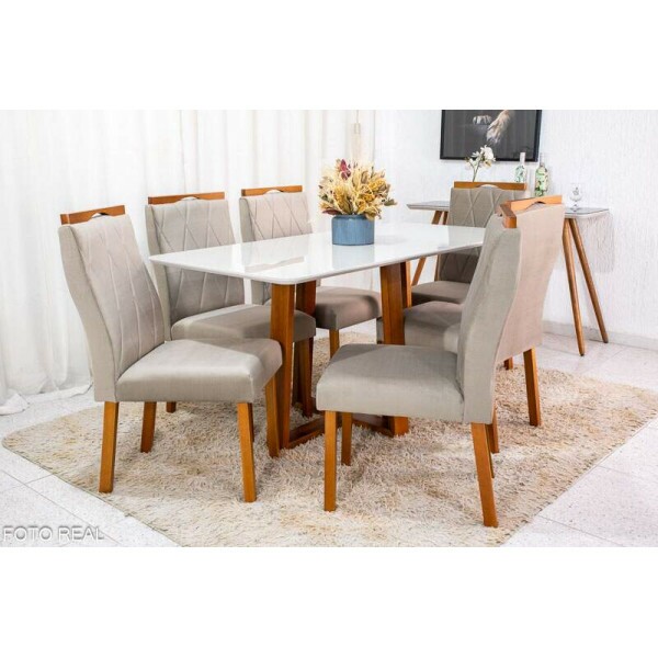 Mesa de Jantar Pedro Mel Vidro Off 16080 6 Cadeiras Lisboa Veludo Bege 506 Madeira Macia Art Assento - Entregue Montada