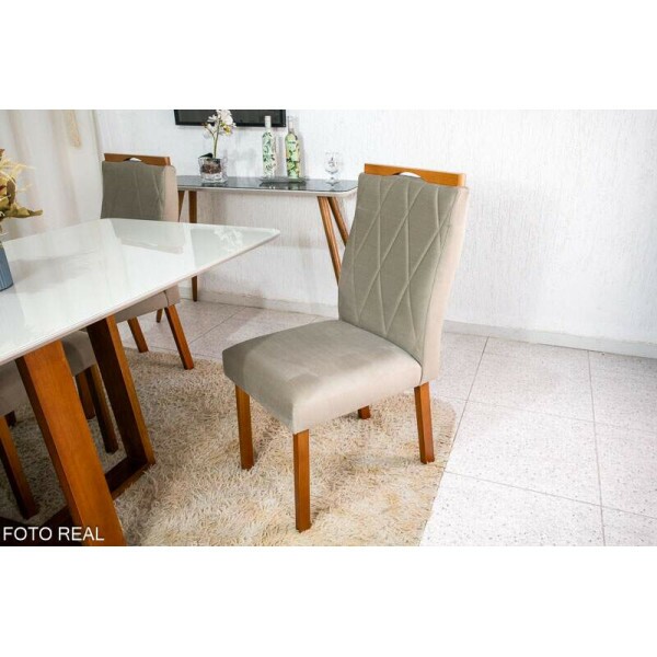 Mesa de Jantar Pedro Mel Vidro Off 16080 6 Cadeiras Lisboa Veludo Bege 506 Madeira Macia Art Assento - Entregue Montada