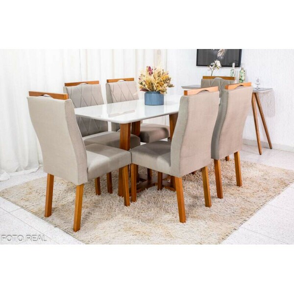 Mesa de Jantar Pedro Mel Vidro Off 16080 6 Cadeiras Lisboa Veludo Bege 506 Madeira Macia Art Assento - Entregue Montada