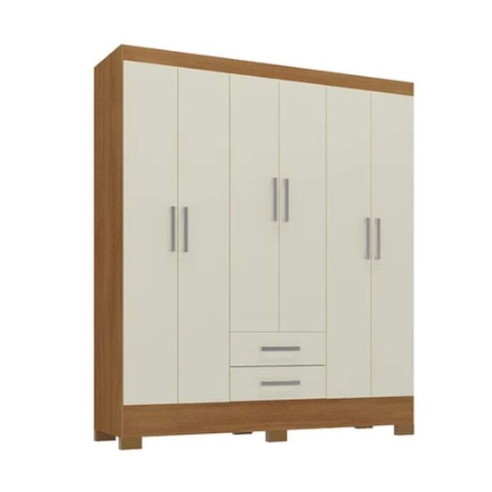 Guarda-Roupa Solteiro Natal 6 Portas 2 Gavetas Larg. 1.35m (GR6223) Cinamomo/Off Com Ps Rodial Mveis