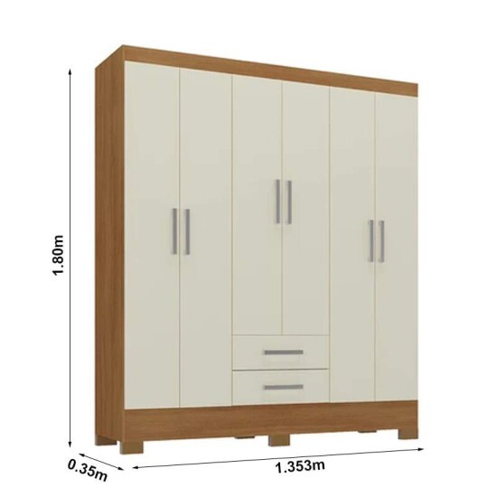 Guarda-Roupa Solteiro Natal 6 Portas 2 Gavetas Larg. 1.35m (GR6223) Cinamomo/Off Com Ps Rodial Mveis