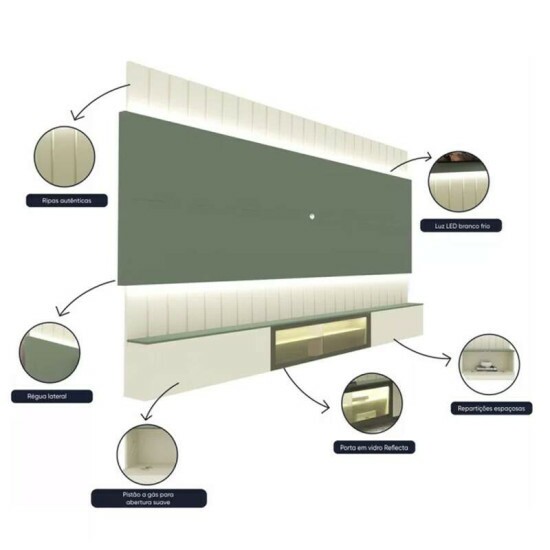 Home Suspenso Soberano Reflecta Ripado TV at� 85 Polegadas Larg. 2.60m C/LED Off/Verde Floresta Gelius