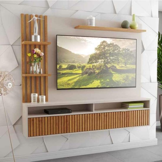 Painel 1,80m Aurora Off/Mel com Detalhe Ripado para TV at� 65\" - Viero
