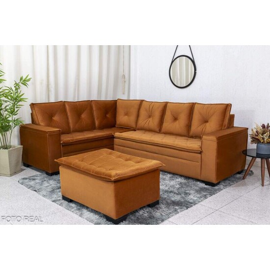 Sof Canto 5 lugares com Puff Alemanha Veludo Terracota A62