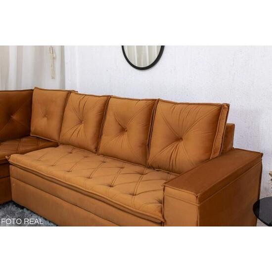 Sof Canto 5 lugares com Puff Alemanha Veludo Terracota A62