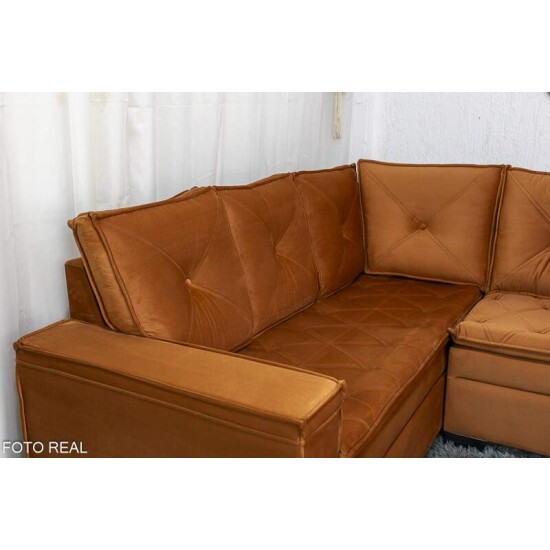 Sof Canto 5 lugares com Puff Alemanha Veludo Terracota A62