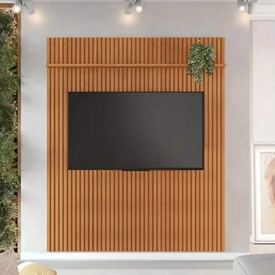 Painel 2,07m Riso Cinamomo com Detalhe Ripado sem Nicho para TV at� 75\" - JCM