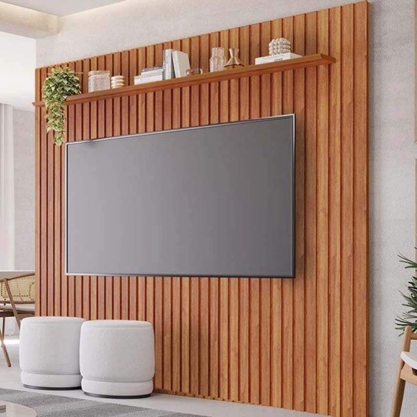 Rack Holanda Cinamomo Ripado 100% MDF Larg. 2.05m + Painel Maragogi Cinamomo Ripado 100% MDF Larg. 2.30m - Permobili