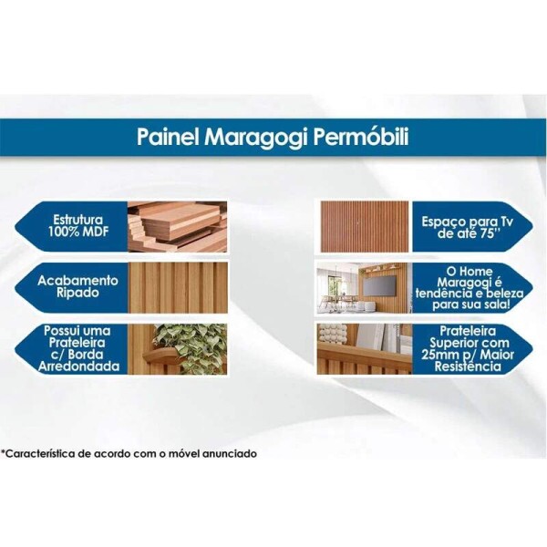 Rack Holanda Cinamomo Ripado 100% MDF Larg. 2.05m + Painel Maragogi Cinamomo Ripado 100% MDF Larg. 2.30m - Permobili