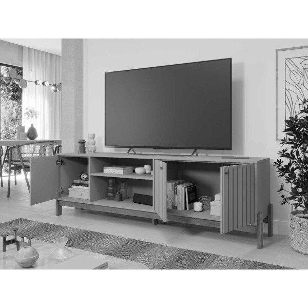 Rack Holanda Cinamomo Ripado 100% MDF Larg. 2.05m + Painel Maragogi Cinamomo Ripado 100% MDF Larg. 2.30m - Permobili