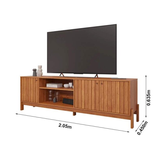 Rack Holanda Cinamomo Ripado 100% MDF Larg. 2.05m + Painel Maragogi Cinamomo Ripado 100% MDF Larg. 2.30m - Permobili