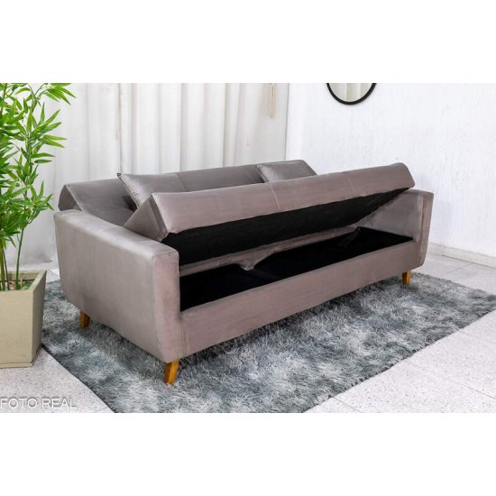 Sof� Cama P�mela Veludo Bege 434 com Ba� - 2,00m