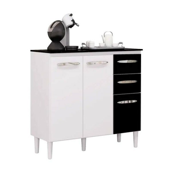 Balco 3 Portas 2 Gavetas C/Tampo Branco/Preto Larg. 1.20m Poquema