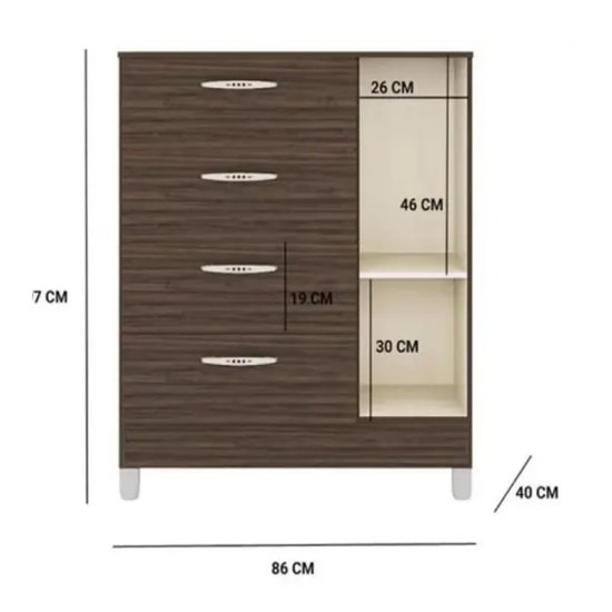 C�moda 0,86m Chocolate 4 Gavetas e 1 Porta - Poquema