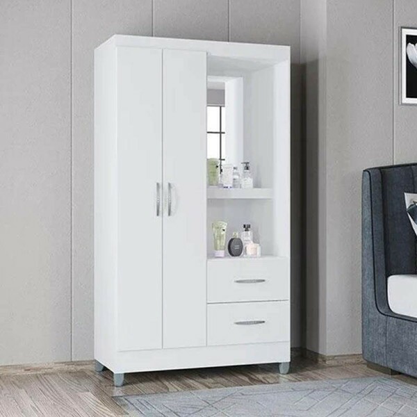 Guarda-Roupa Solteiro Cordoba Capelinha 2 Portas 2 Gavetas c/Espelho Larg. 0.99m Branco Poquema