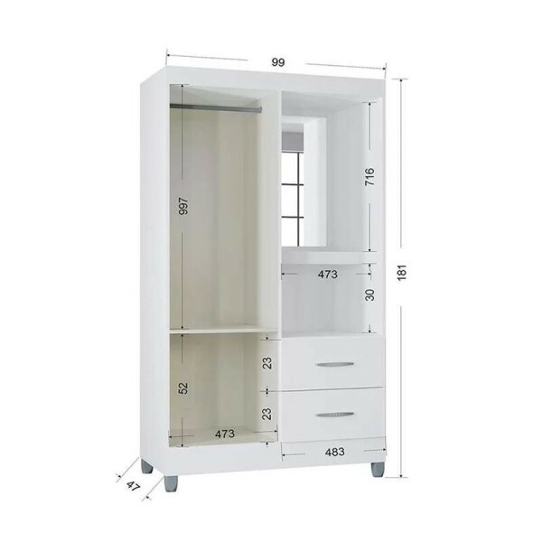 Guarda-Roupa Solteiro Cordoba Capelinha 2 Portas 2 Gavetas c/Espelho Larg. 0.99m Branco Poquema