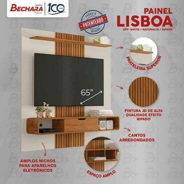 Painel Lisboa Ripado 3D TV at 65 Polegadas Larg. 1.58m Off/Nature Bechara