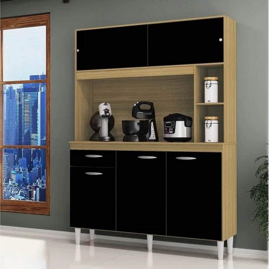 Kit de Cozinha 1,20m Duda Damasco/Preto 5 Portas 1 Gaveta - Poquema