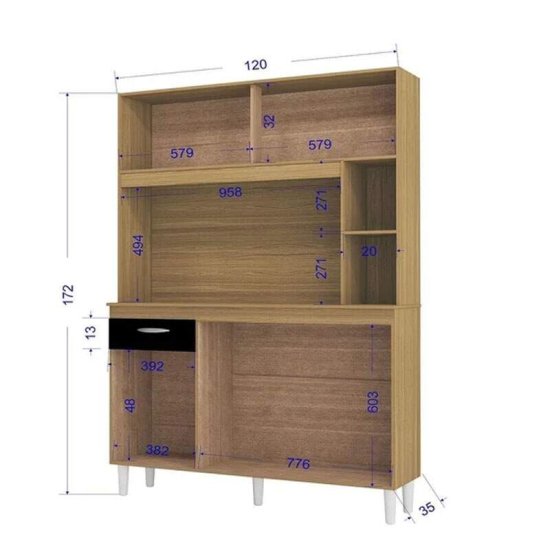 Kit de Cozinha 1,20m Duda Damasco/Preto 5 Portas 1 Gaveta - Poquema