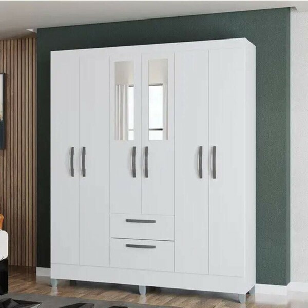 Roupeiro Solteiro Multi Branco 6 Portas 2 Gavetas c/Espelho e Ps Larg. 1.48m - Poquema