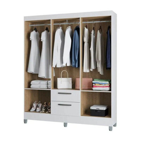 Roupeiro Solteiro Multi Branco 6 Portas 2 Gavetas c/Espelho e Ps Larg. 1.48m - Poquema