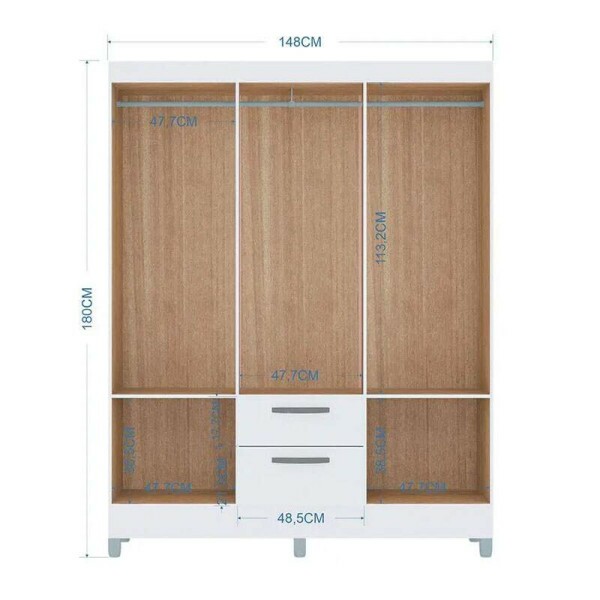 Roupeiro Solteiro Multi Branco 6 Portas 2 Gavetas c/Espelho e Ps Larg. 1.48m - Poquema