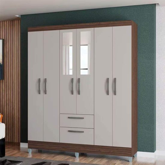 Guarda-roupa Solteiro 1,48m Multi Chocolate/Off 6 Portas 2 Gavetas com Espelho e P�s - Poquema