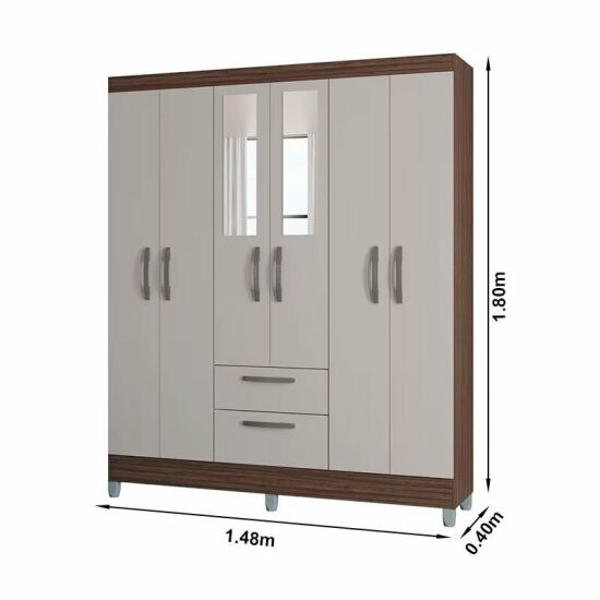 Guarda-roupa Solteiro 1,48m Multi Chocolate/Off 6 Portas 2 Gavetas com Espelho e P�s - Poquema