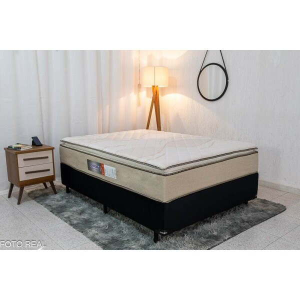 Base Box Casal Veludo Preto + Colcho Casal Copacabana Linho Bege 138x188x65 Molas ensacadas Portobel