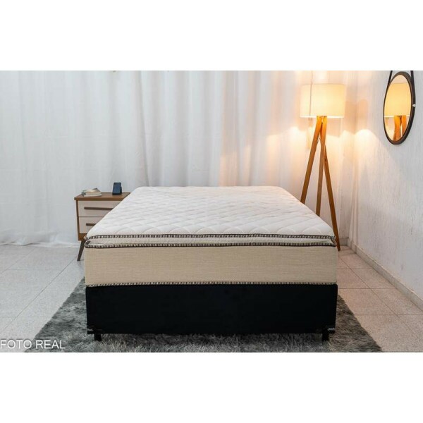 Base Box Casal Veludo Preto + Colcho Casal Copacabana Linho Bege 138x188x65 Molas ensacadas Portobel