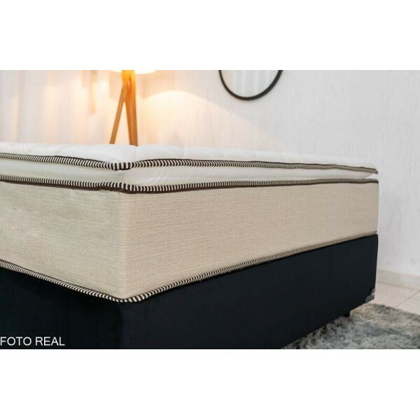 Base Box Casal Veludo Preto + Colcho Casal Copacabana Linho Bege 138x188x65 Molas ensacadas Portobel